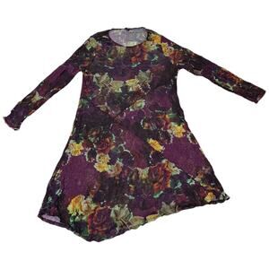 Lisa Bayne Sheer Mesh Dress Crinkle Texture Asymmetric Hem Floral Purple Large